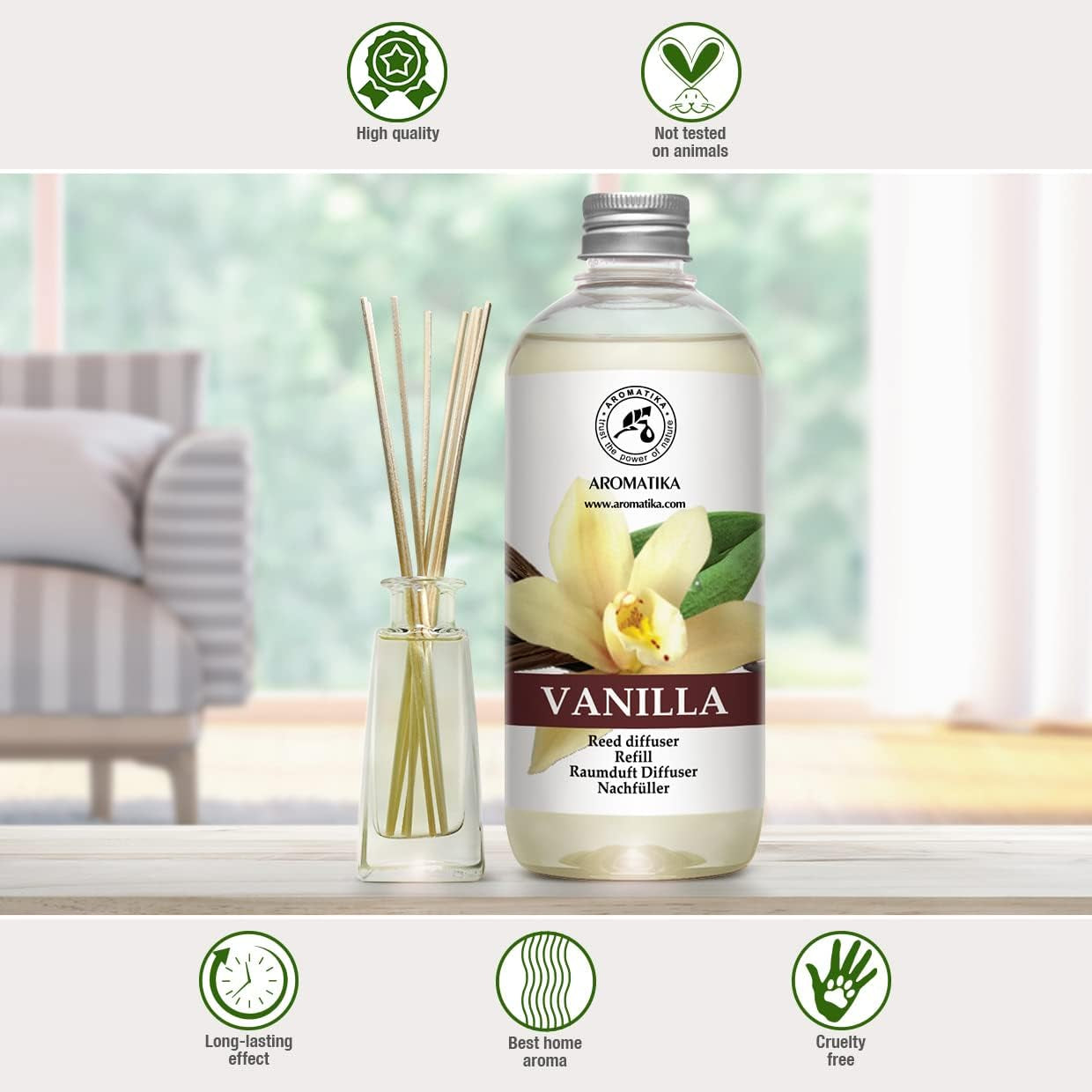 Vanilla Diffuser Refill W/Natural Essential Vanilla Oil 17 Fl Oz - Intensive - Fresh & Long Lasting Fragrance - Reed Diffuser Oil - Best for Aromatherapy - SPA - Home - Office - Fitness Club