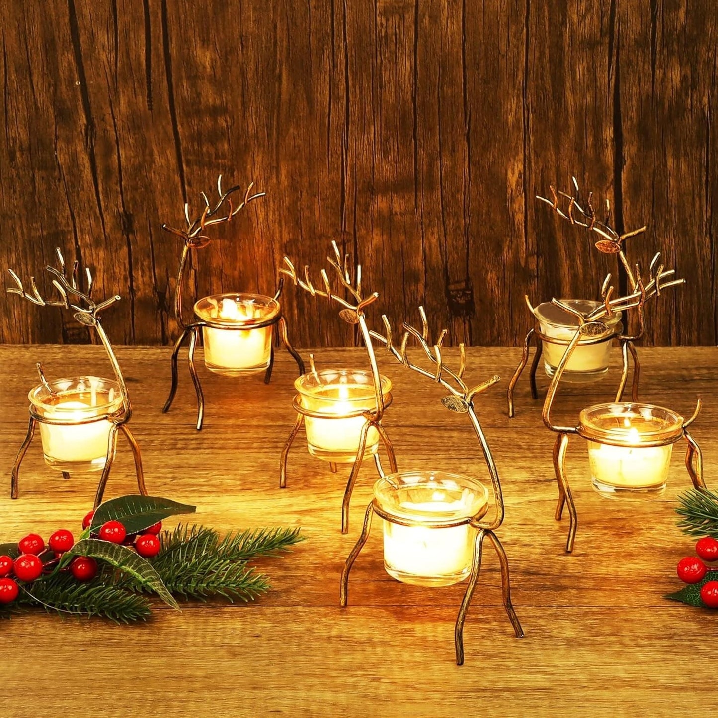 6 Metal Reindeer Tea Light Candle Holders Set NEW in BOX Christmas SALE!