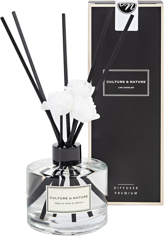 Reed Diffuser Set 6.7Oz (200Ml) English Pear & Freesia Scented Diffuser with Sticks Home Fragrance Reed Diffuser for Bathroom Shelf Decor