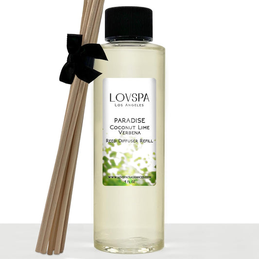 Paradise Coconut Lime Verbena Reed Diffuser Oil Refill with Replacement Reed Sticks | Tropical Blend of Lemon Verbena, Fresh Limes & Coconut, 4 Oz | Made in the USA