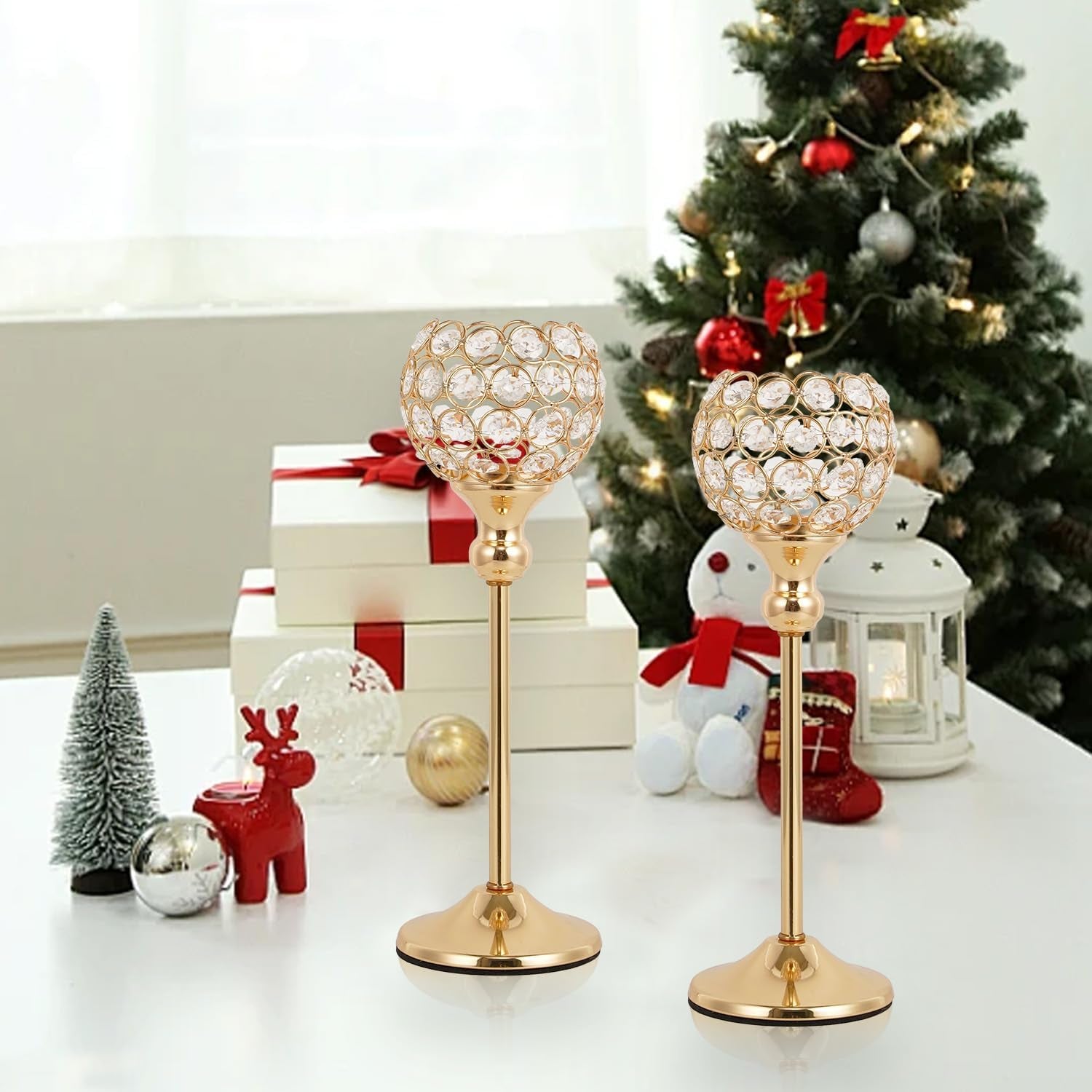 8PCS Candle Holders for Tea Lights Wedding Table,Gold Crystal Candle Holders Candle Stick Holder Rhinestone Decorative Tray for Party Thanksgiving Gift Candelabros Para Centros De Mesa