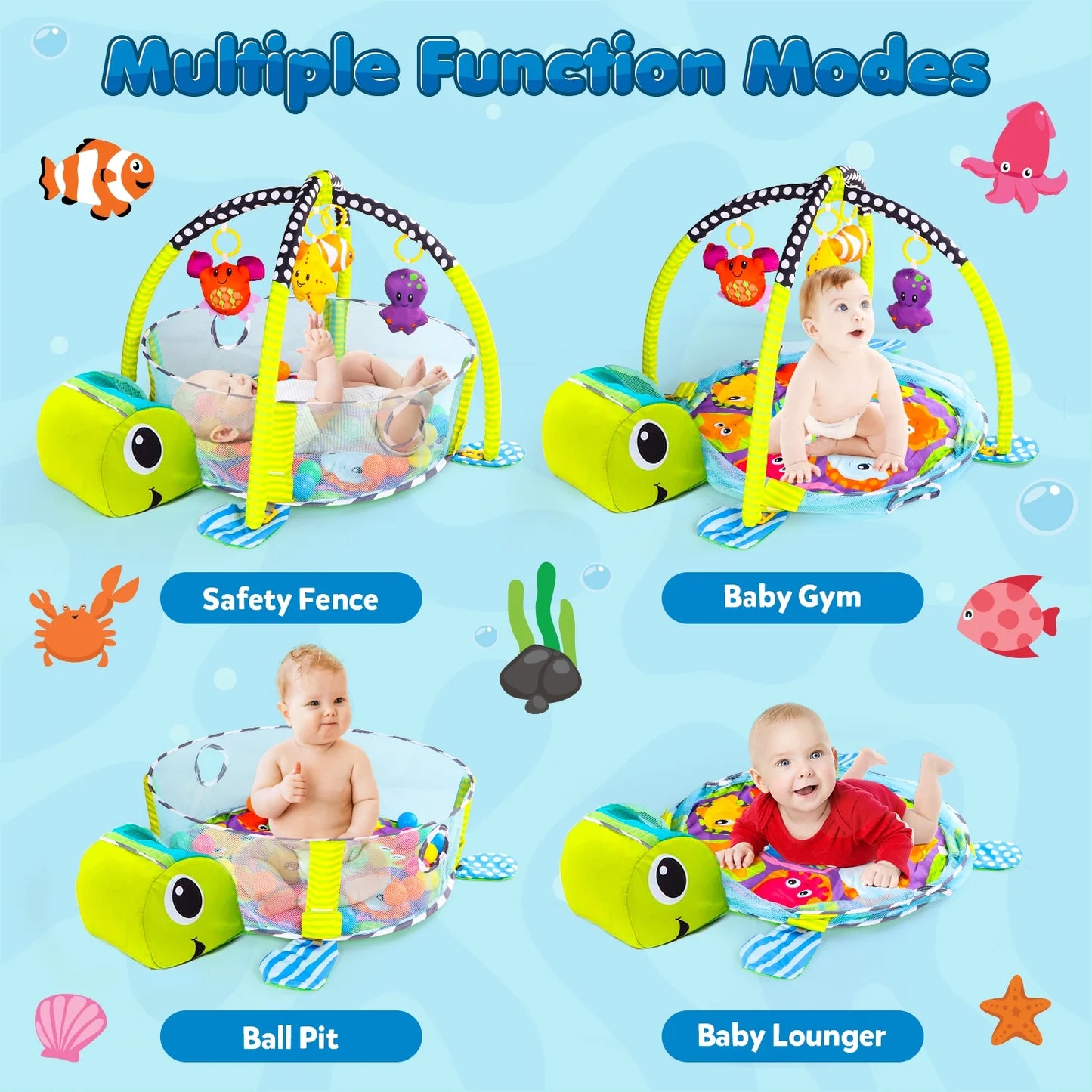 Baby Play Gym, 3 in 1 Baby Play Gym Activity Mat, with Hanging Toys and Ocean Balls, Gifts for Newborn Baby 0 to 3 6 9 12 Months, Green Turtle
