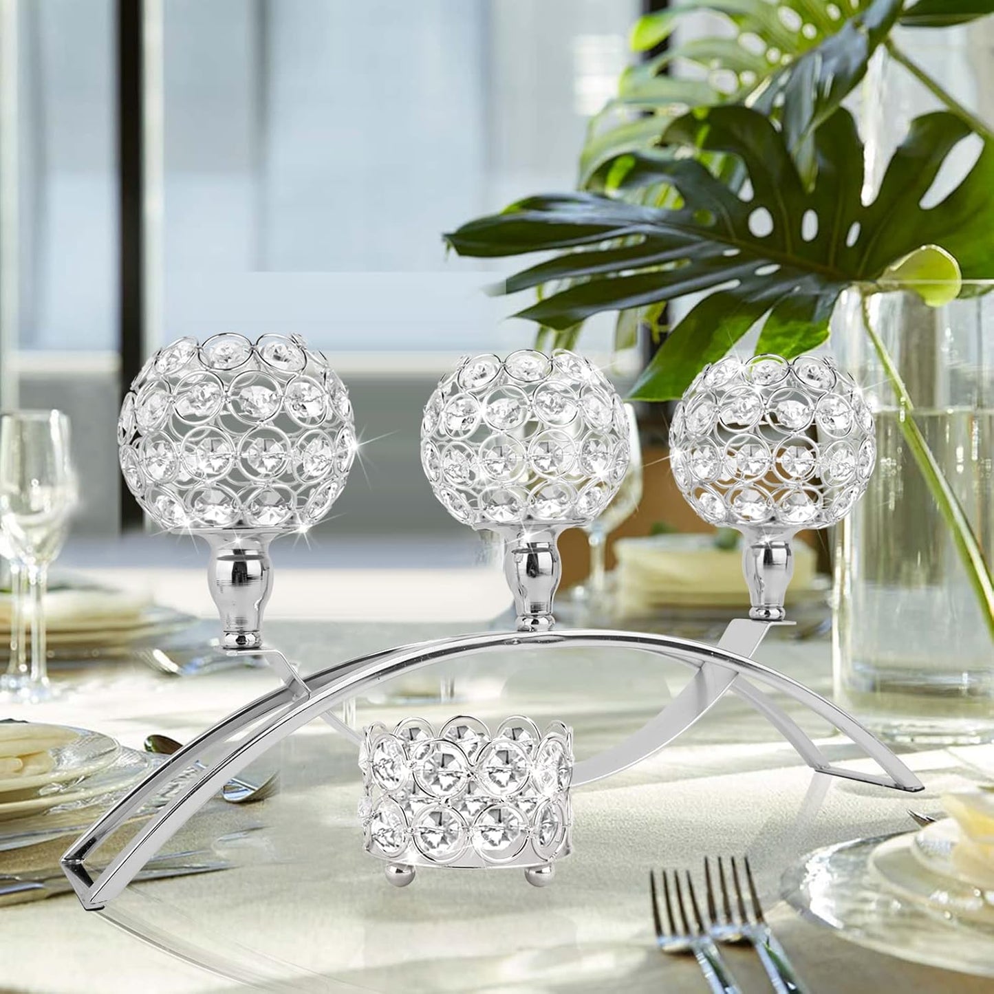 3 Arms Crystal Candle Holders, Silver Candlesticks Holders Centerpieces for Dining Room, Crystal Tea Light Candle Holder for Wedding Centerpieces Table Decorations, Table Centerpiece Stand