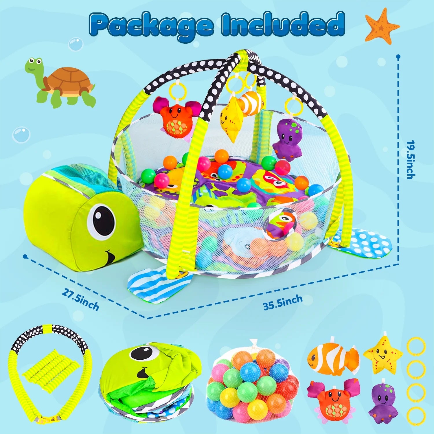 Baby Play Gym, 3 in 1 Baby Play Gym Activity Mat, with Hanging Toys and Ocean Balls, Gifts for Newborn Baby 0 to 3 6 9 12 Months, Green Turtle