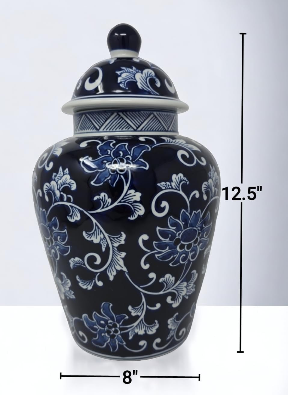 12.5 in Blue and White Porcelain Floral Temple Ginger Jar Vase, China Qing Style (Blue Dark), Medium, Classic