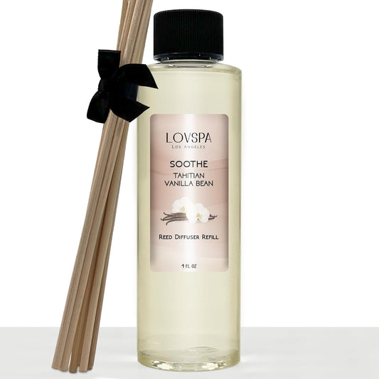 Soothe Tahitian Vanilla Bean Reed Diffuser Refill Oil with Replacement Reed Sticks | Vanilla Absolute, Amber and Tonka Bean Essential Oils, 4 Oz - Made in the USA