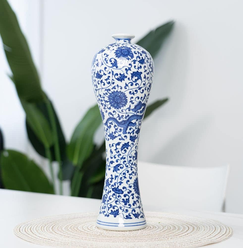 Antique Handmade Chinese Blue and White Porcelain Decorative Glazed Fish Tail Vase for Home Decor, Living Room