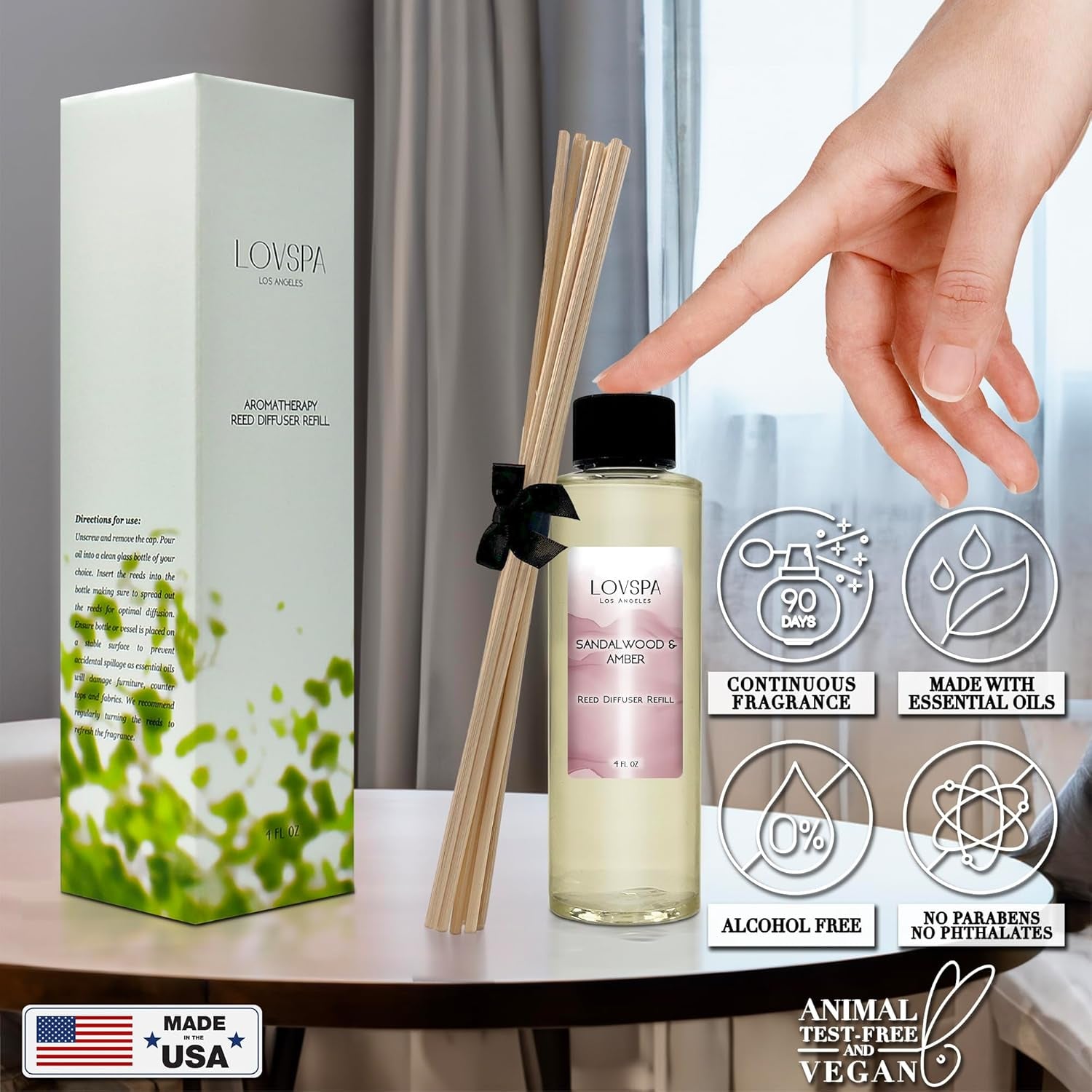 Sandalwood & Amber Reed Diffuser Oil Refill with Reed Sticks | Sandalwood & Amber with Notes of Bergamot, Orange, Rose & Violet with Base of Cedarwood & Vanilla, 4 Oz | Made in the USA