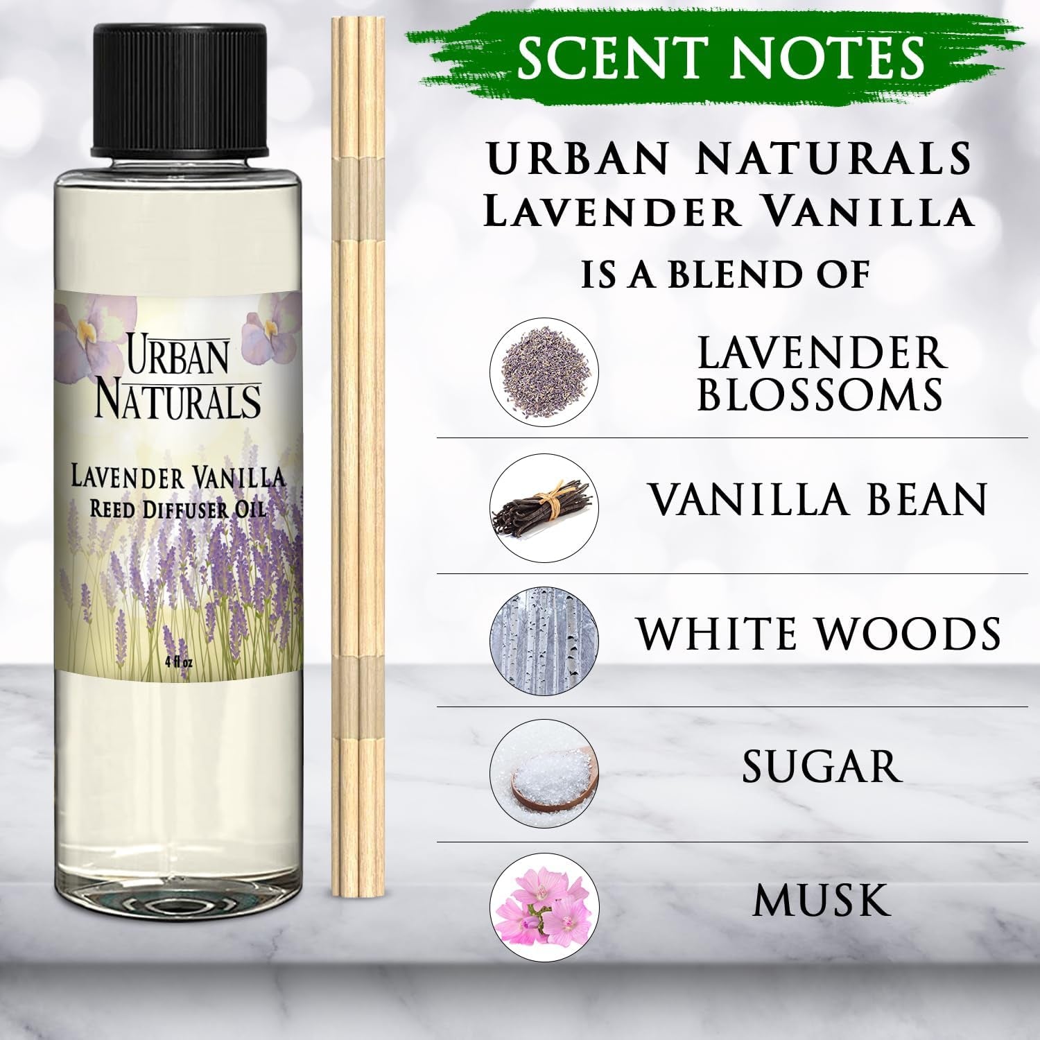 Lavender Vanilla Scented Oil Reed Diffuser Refill and Reed Sticks – Lavender Blossom, Creamy Vanilla, White Woods and Sugared Musk, 4 Oz (2 Pack)