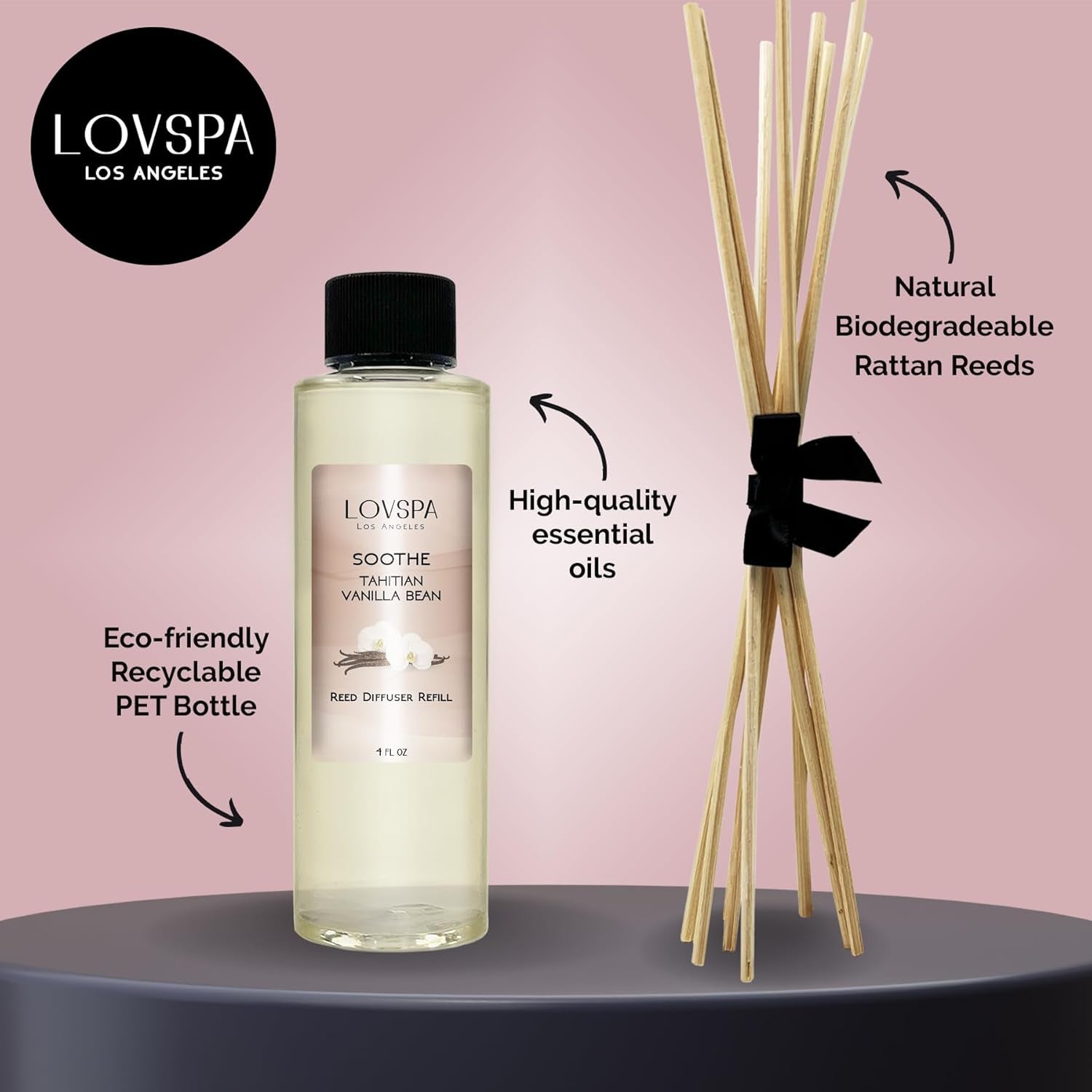 Soothe Tahitian Vanilla Bean Reed Diffuser Refill Oil with Replacement Reed Sticks | Vanilla Absolute, Amber and Tonka Bean Essential Oils, 4 Oz - Made in the USA