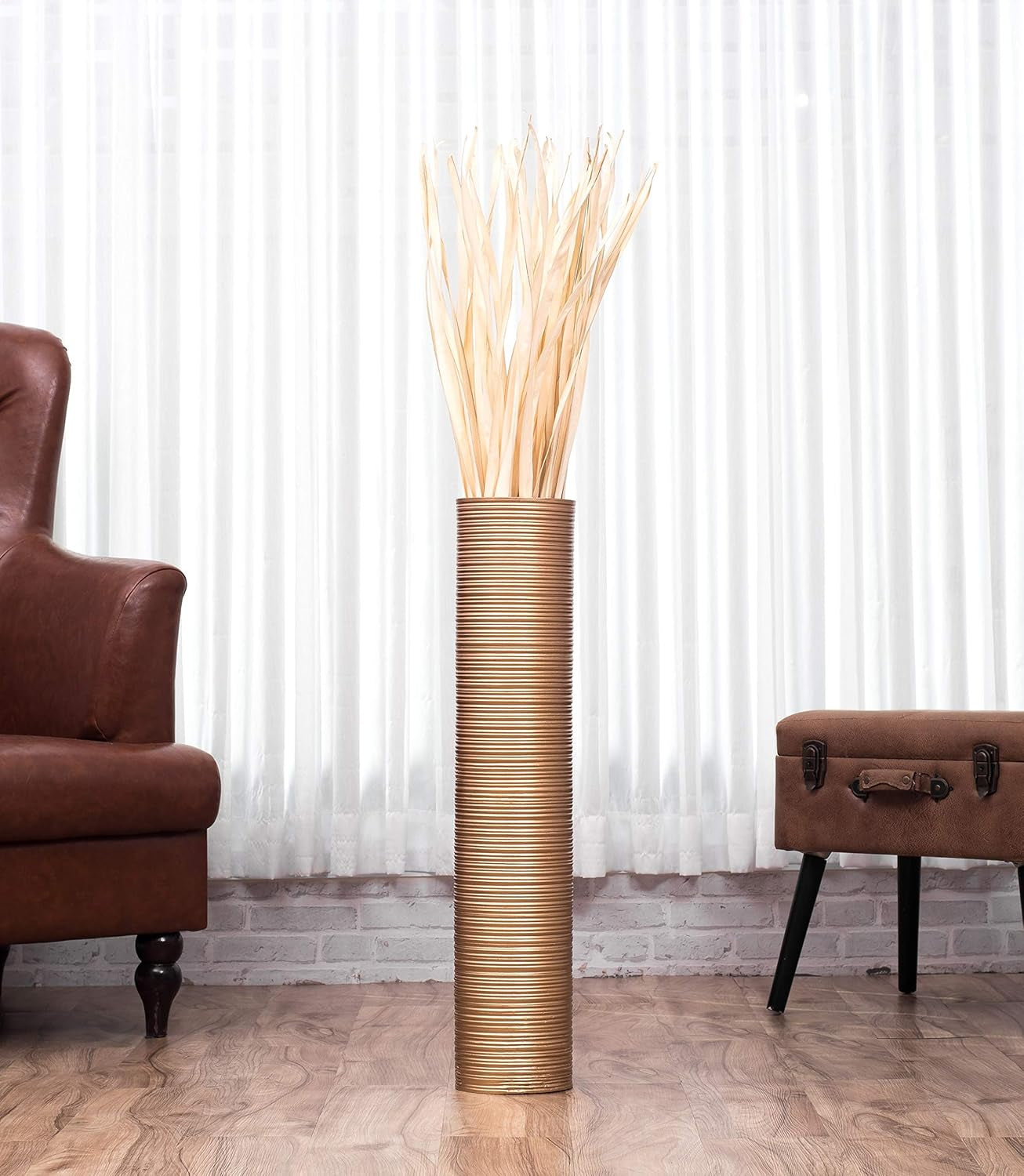 Large Gold Home Decor Floor Vase – Wooden 26 Inches Tall Farmhouse Decor Flower Holder for Fake Plant and Pampas Grass
