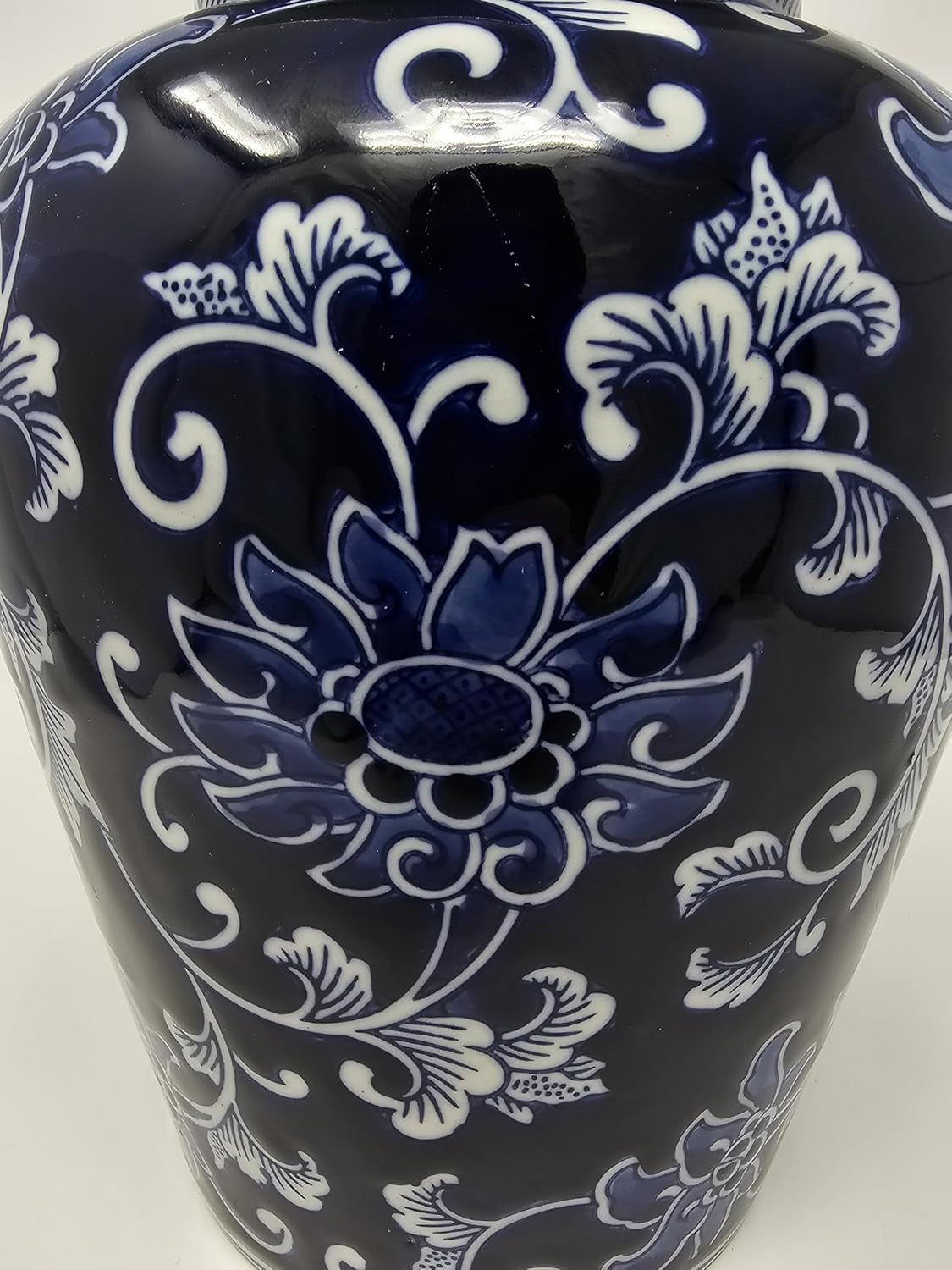 12.5 in Blue and White Porcelain Floral Temple Ginger Jar Vase, China Qing Style (Blue Dark), Medium, Classic