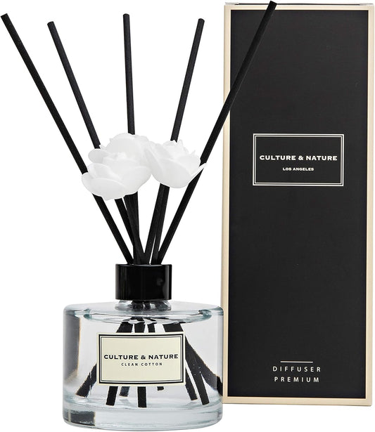 Reed Diffuser Set 6.7Oz (200Ml) Clean Cotton Scented Diffuser with Sticks Home Fragrance Reed Diffuser for Bathroom Shelf Decor