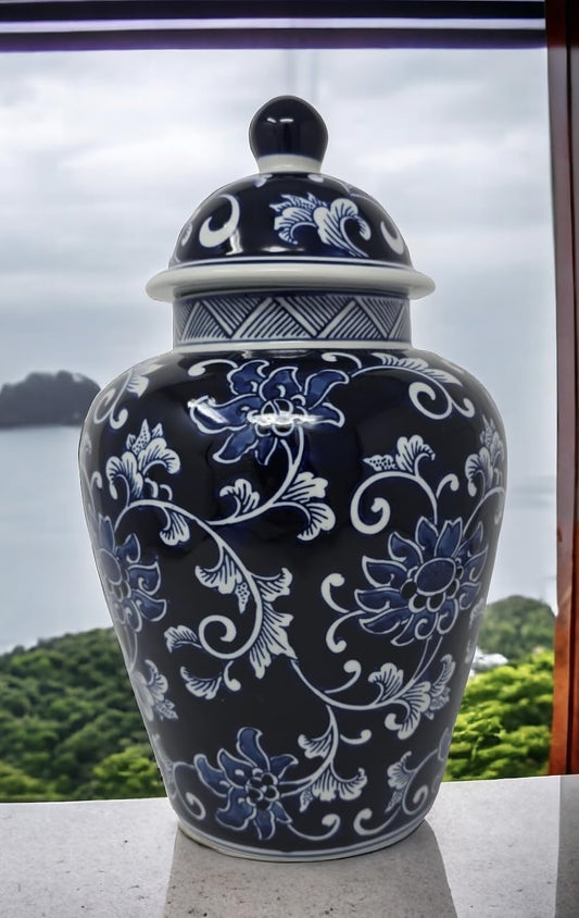 12.5 in Blue and White Porcelain Floral Temple Ginger Jar Vase, China Qing Style (Blue Dark), Medium, Classic