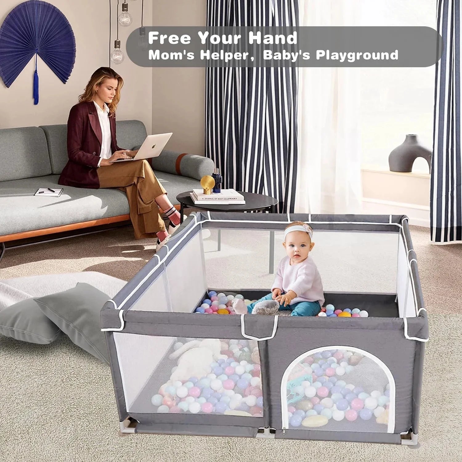 Baby Playpen for Babies and Toddlers, 59X59X27" Large Baby Playard, Infant Activity Center with Gate, Anti-Slip Base and Soft Breathable Mesh, Gray