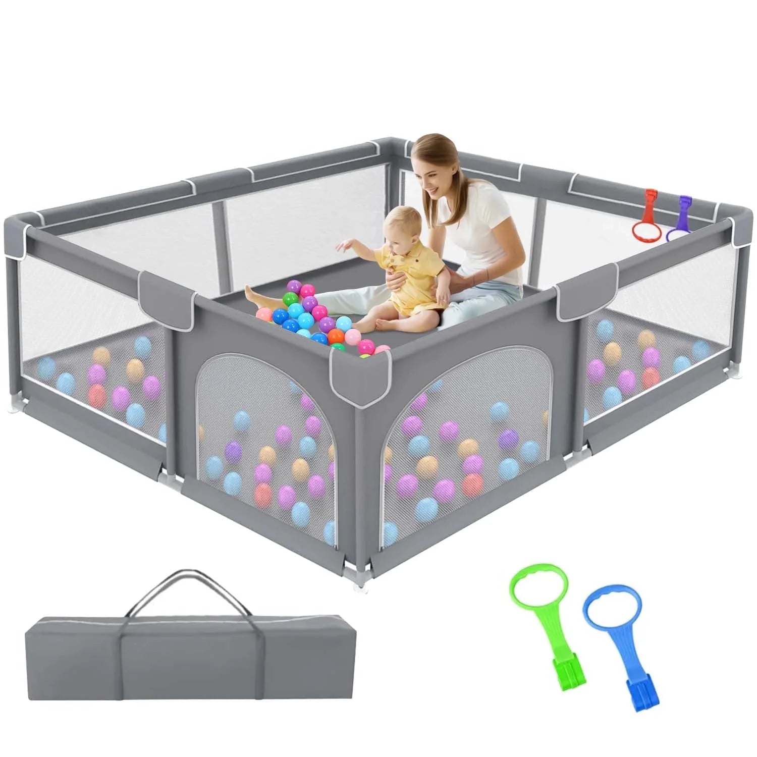 Baby Playpen for Babies and Toddlers, 59X59X27" Large Baby Playard, Infant Activity Center with Gate, Anti-Slip Base and Soft Breathable Mesh, Gray