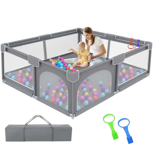 Baby Playpen for Babies and Toddlers, 59X59X27" Large Baby Playard, Infant Activity Center with Gate, Anti-Slip Base and Soft Breathable Mesh, Gray