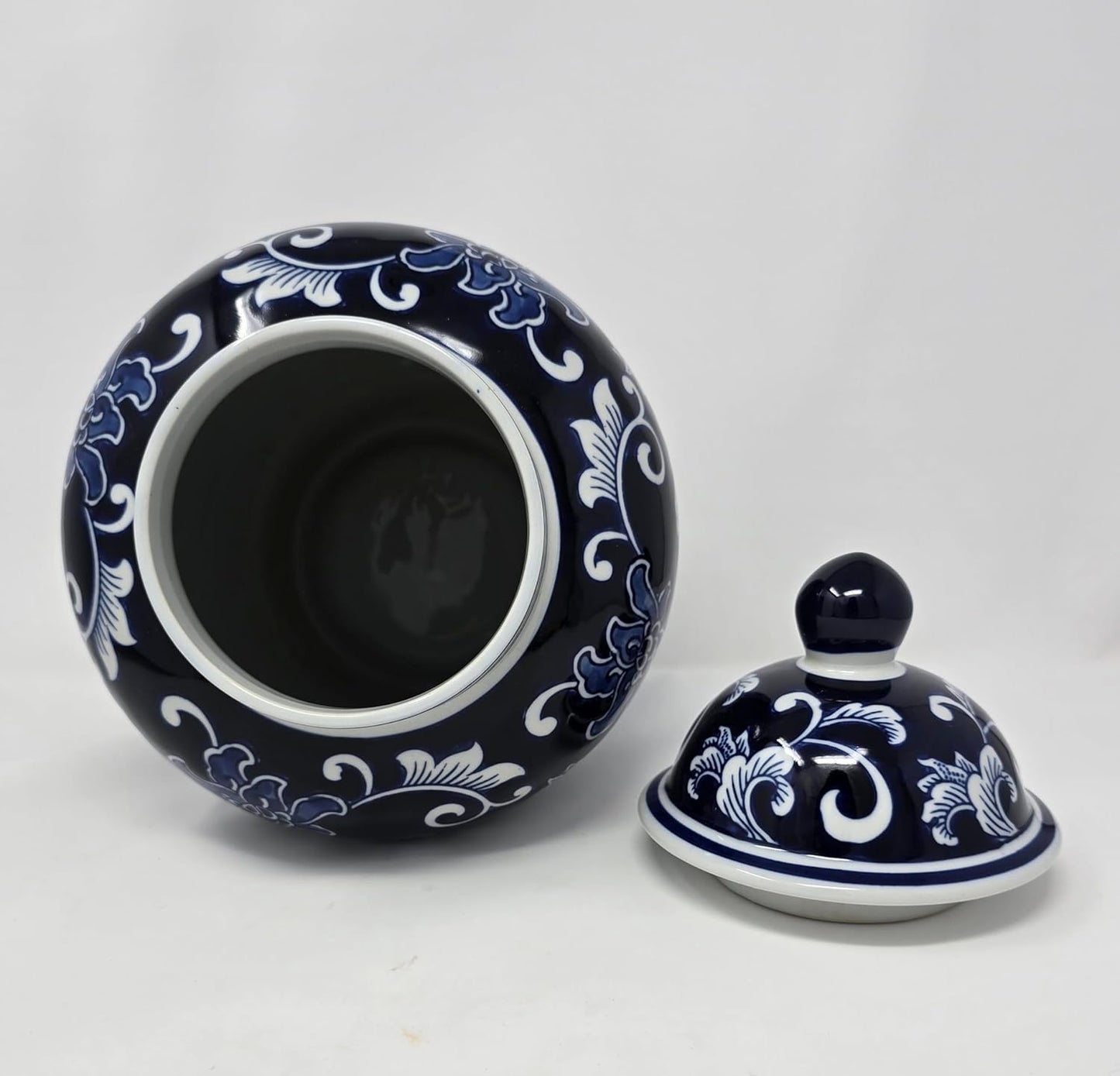 12.5 in Blue and White Porcelain Floral Temple Ginger Jar Vase, China Qing Style (Blue Dark), Medium, Classic