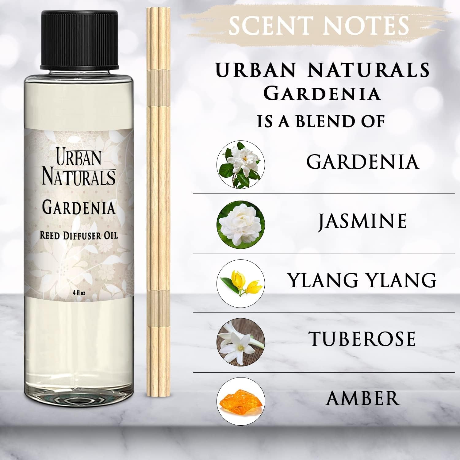 Gardenia Scented Oil Reed Diffuser Refill | Includes a Free Set of Reed Sticks! Jasmine, Ylang Ylang, Tuberose & Amber Notes | 4 Oz