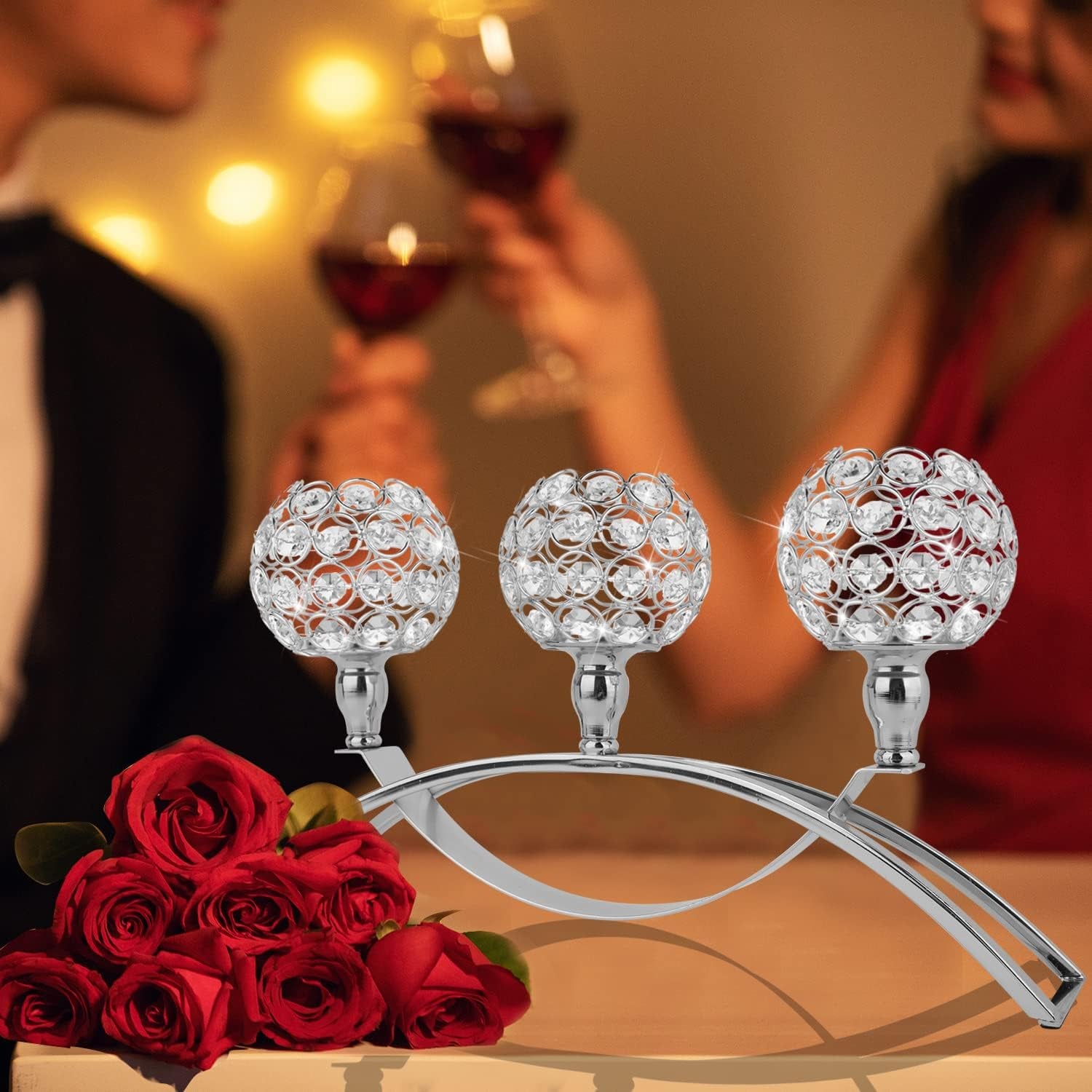 3 Arms Crystal Candle Holders, Silver Candlesticks Holders Centerpieces for Dining Room, Crystal Tea Light Candle Holder for Wedding Centerpieces Table Decorations, Table Centerpiece Stand