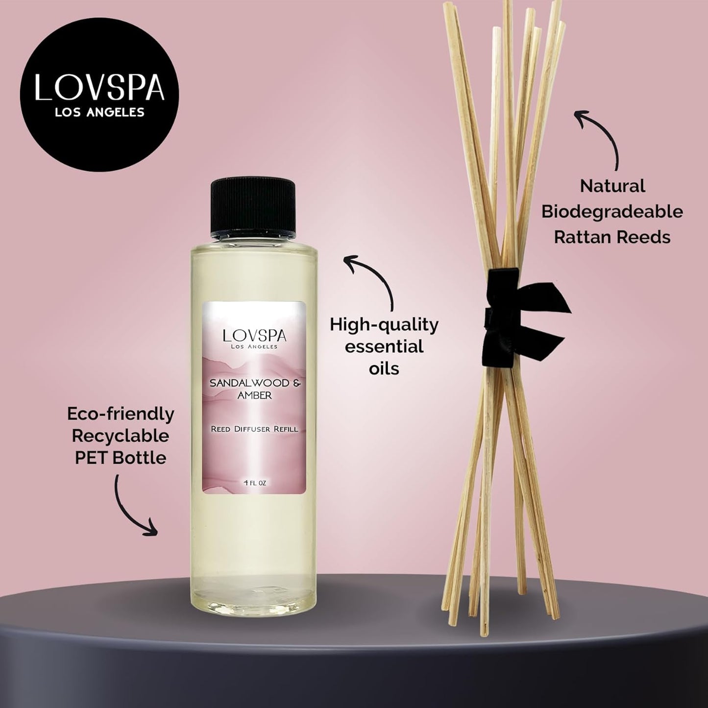 Sandalwood & Amber Reed Diffuser Oil Refill with Reed Sticks | Sandalwood & Amber with Notes of Bergamot, Orange, Rose & Violet with Base of Cedarwood & Vanilla, 4 Oz | Made in the USA