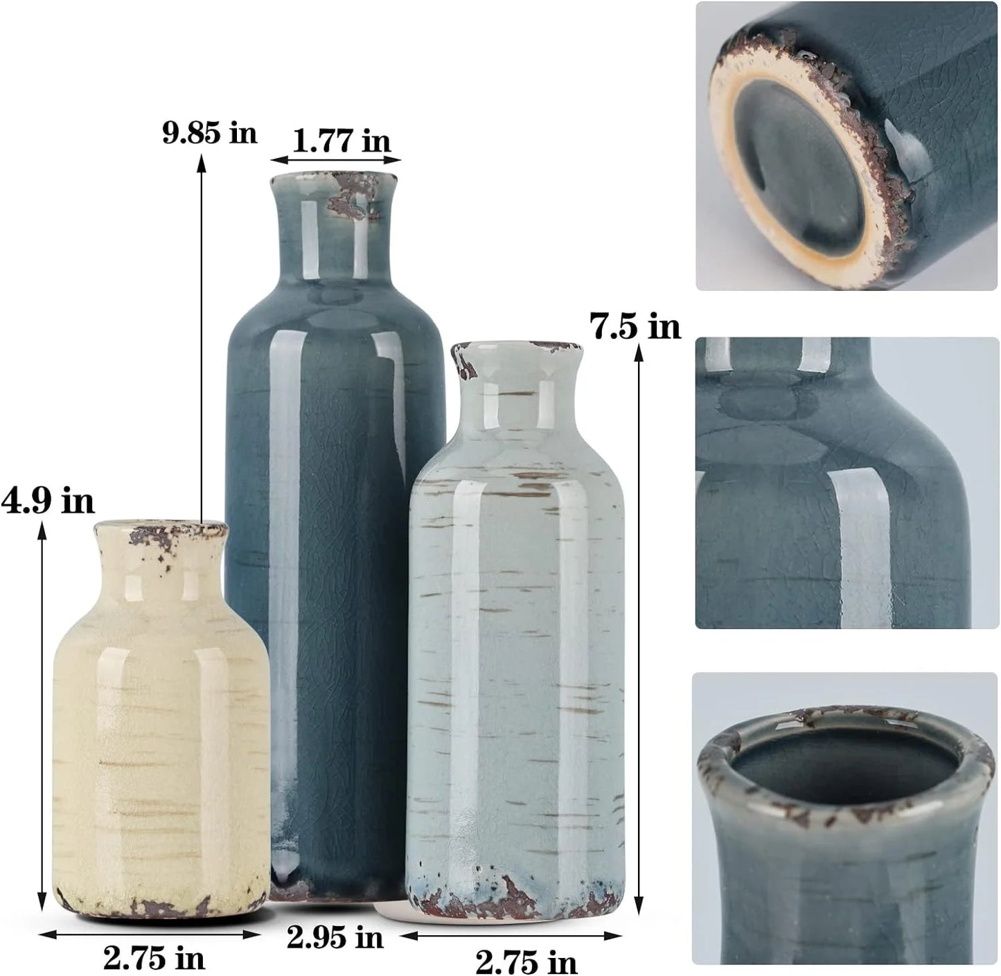 Rural Retro Ceramic Vase 3-Piece Set, Home Decoration Small Vase (Green Grey Blue)