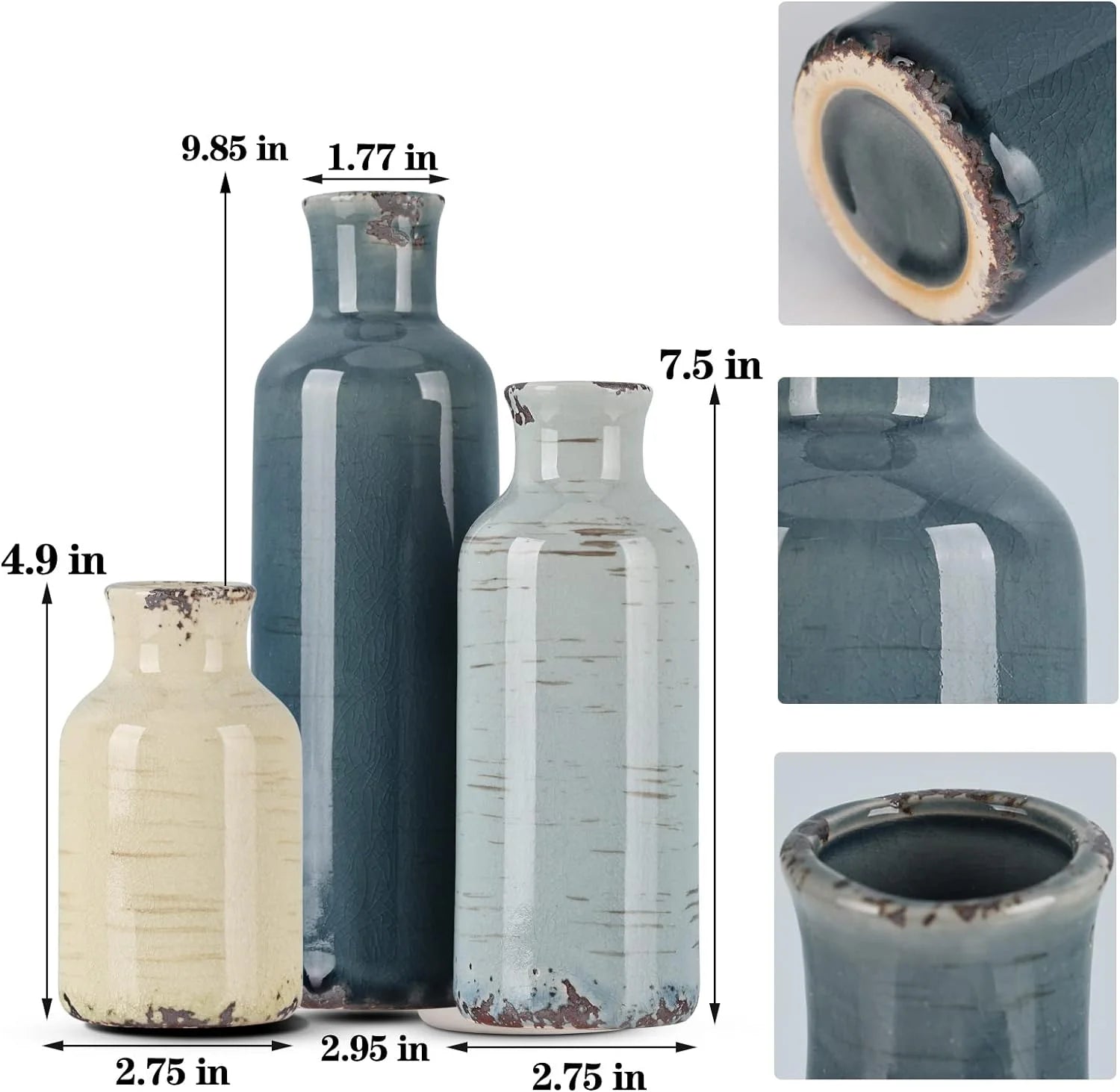 Rural Retro Ceramic Vase 3-Piece Set, Home Decoration Small Vase (Green Grey Blue)