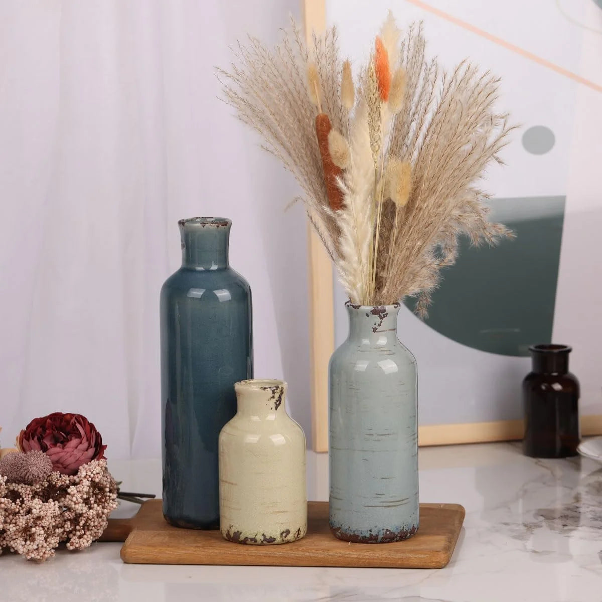 Rural Retro Ceramic Vase 3-Piece Set, Home Decoration Small Vase (Green Grey Blue)