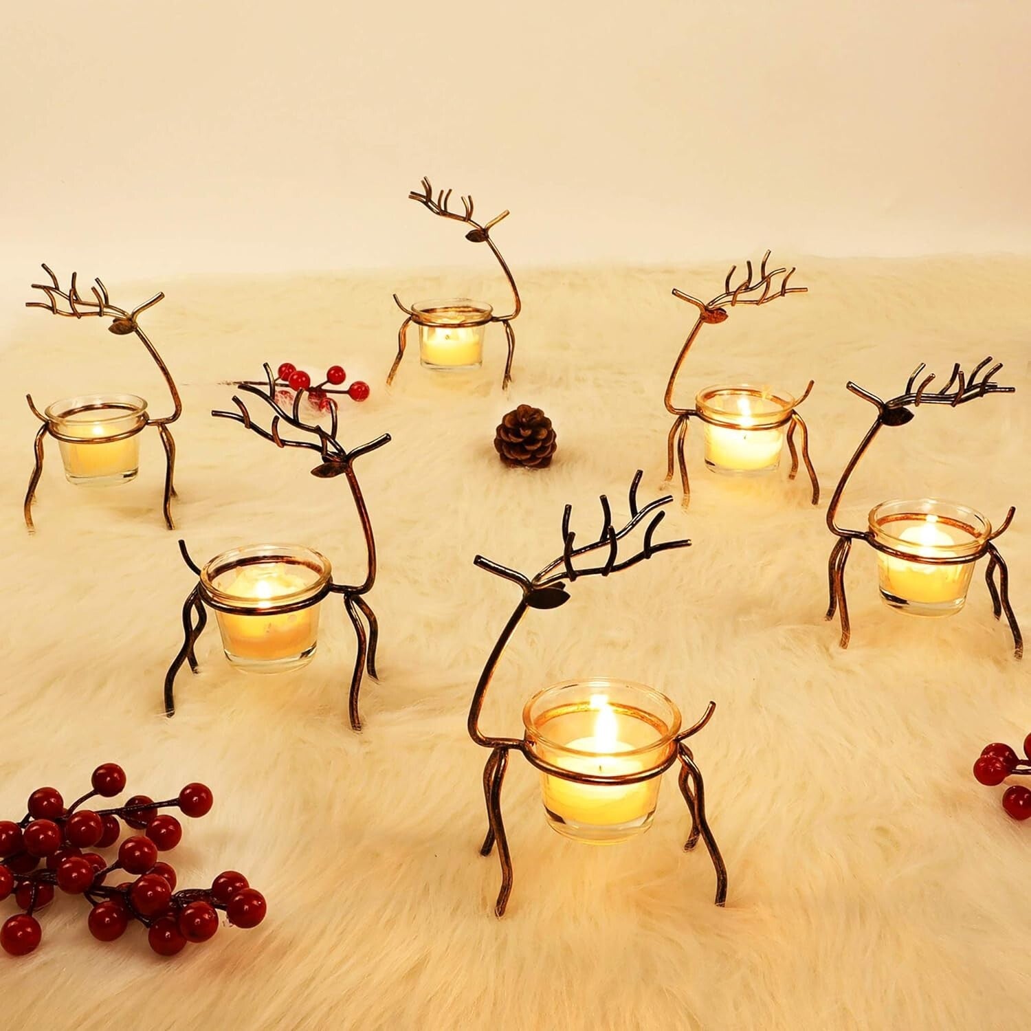 6 Metal Reindeer Tea Light Candle Holders Set NEW in BOX Christmas SALE!