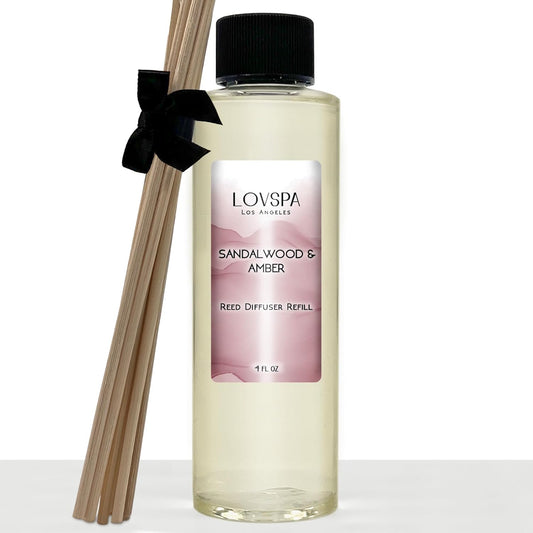Sandalwood & Amber Reed Diffuser Oil Refill with Reed Sticks | Sandalwood & Amber with Notes of Bergamot, Orange, Rose & Violet with Base of Cedarwood & Vanilla, 4 Oz | Made in the USA
