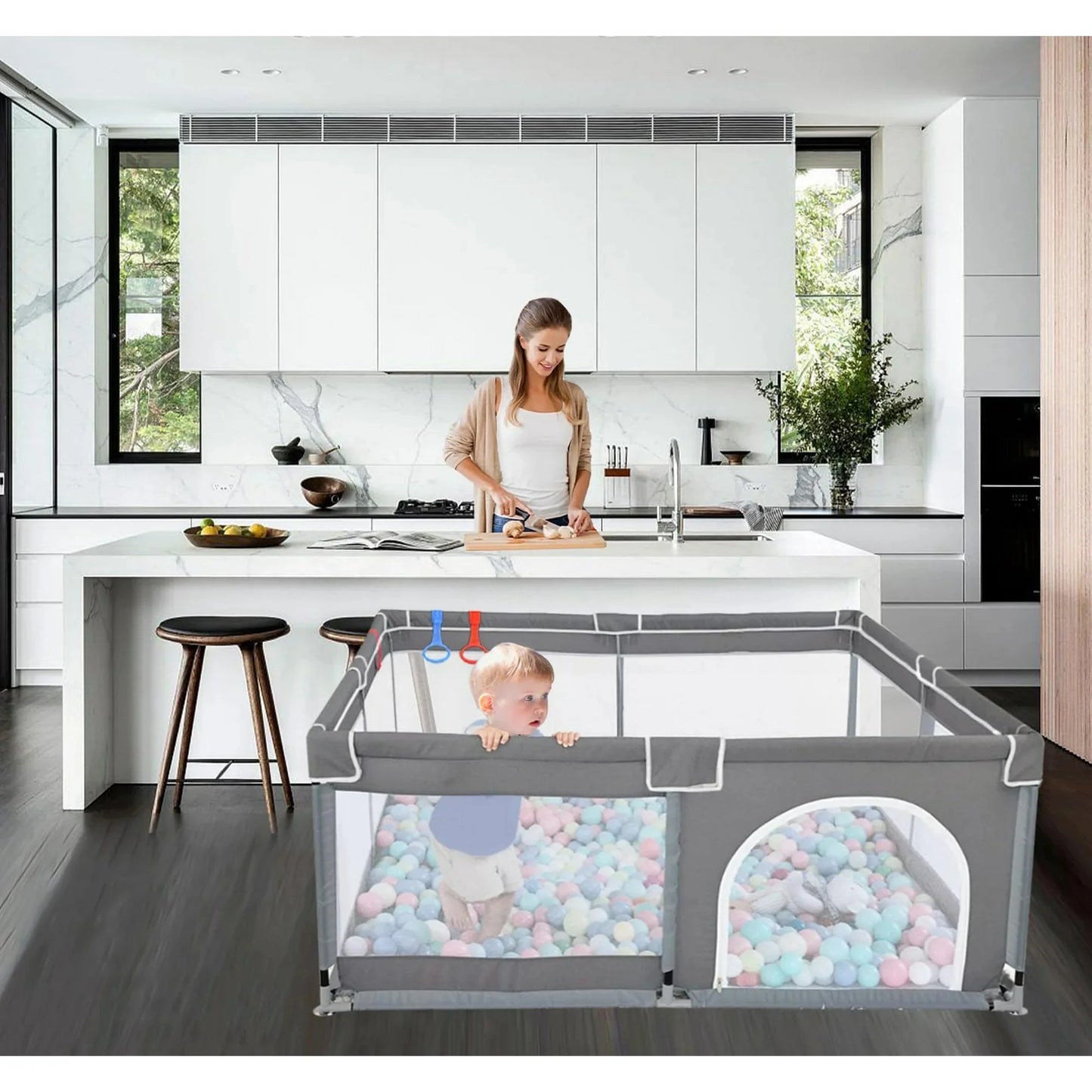 Baby Playpen for Babies and Toddlers, 59X59X27" Large Baby Playard, Infant Activity Center with Gate, Anti-Slip Base and Soft Breathable Mesh, Gray