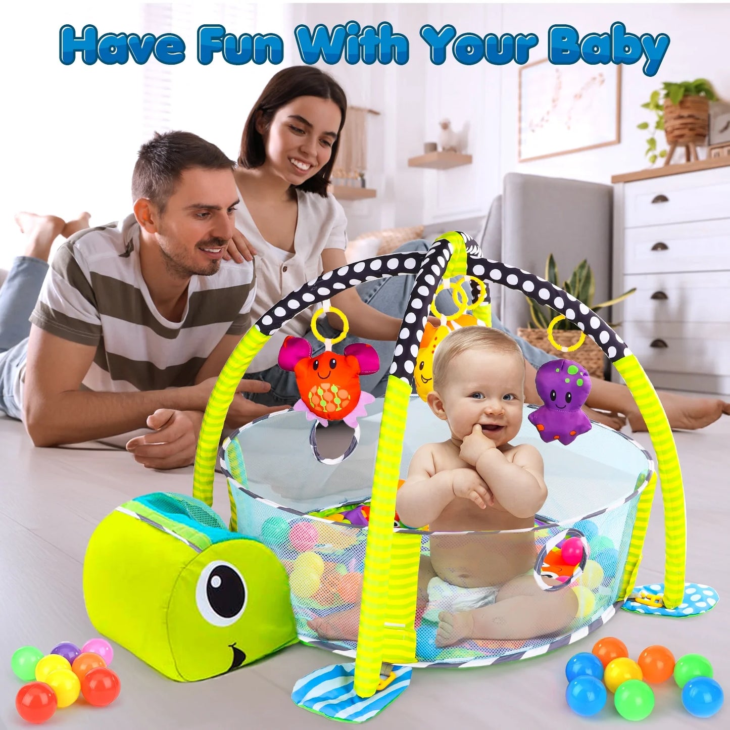 Baby Play Gym, 3 in 1 Baby Play Gym Activity Mat, with Hanging Toys and Ocean Balls, Gifts for Newborn Baby 0 to 3 6 9 12 Months, Green Turtle