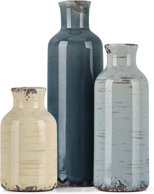 Rural Retro Ceramic Vase 3-Piece Set, Home Decoration Small Vase (Green Grey Blue)