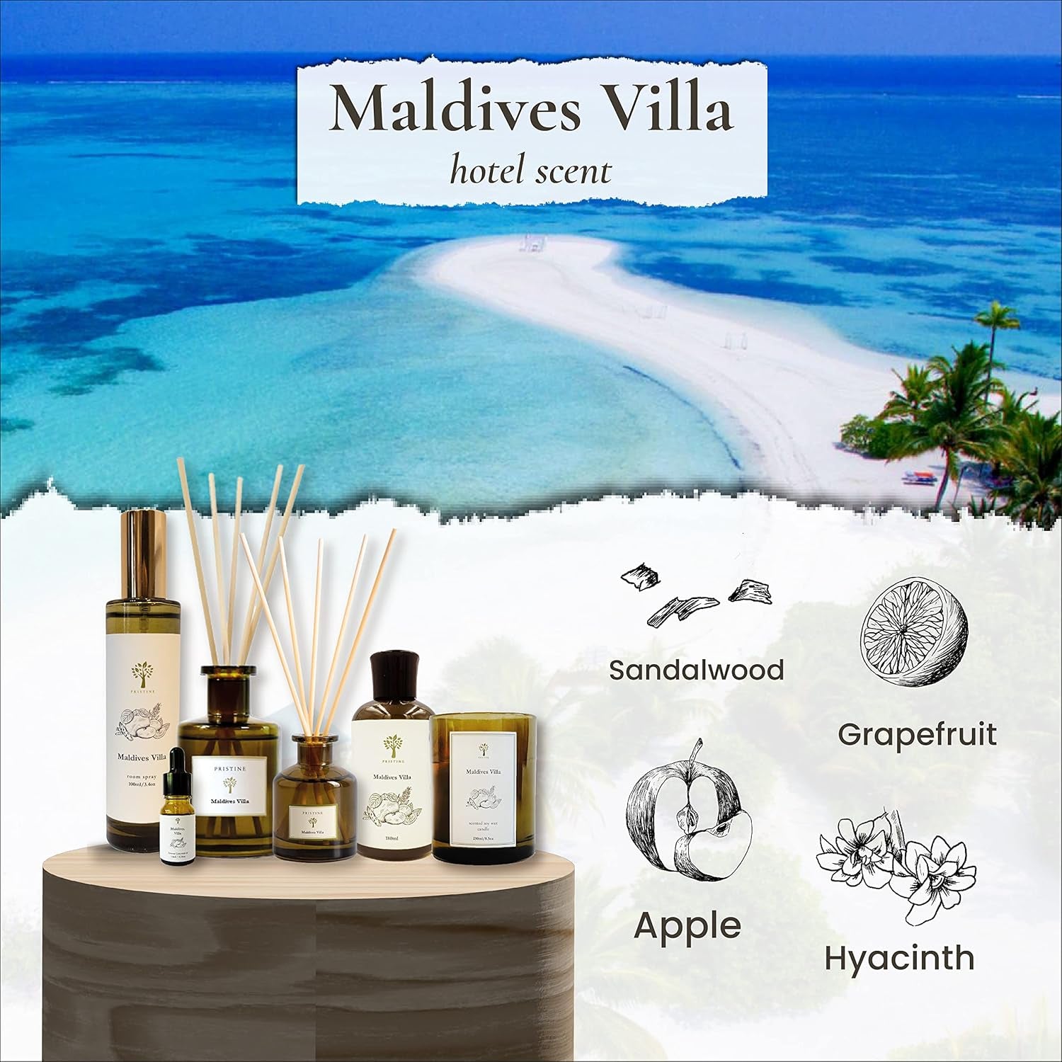 Maldives Villa/Inspired by Marriott Hotel Reed Diffuser Refill with Reed Sticks | Citrusy Grapefruit, Apple/Ocean Breeze/Sandalwood Oil Diffuser Refills | Hotel Reed Diffuser Oil Refill