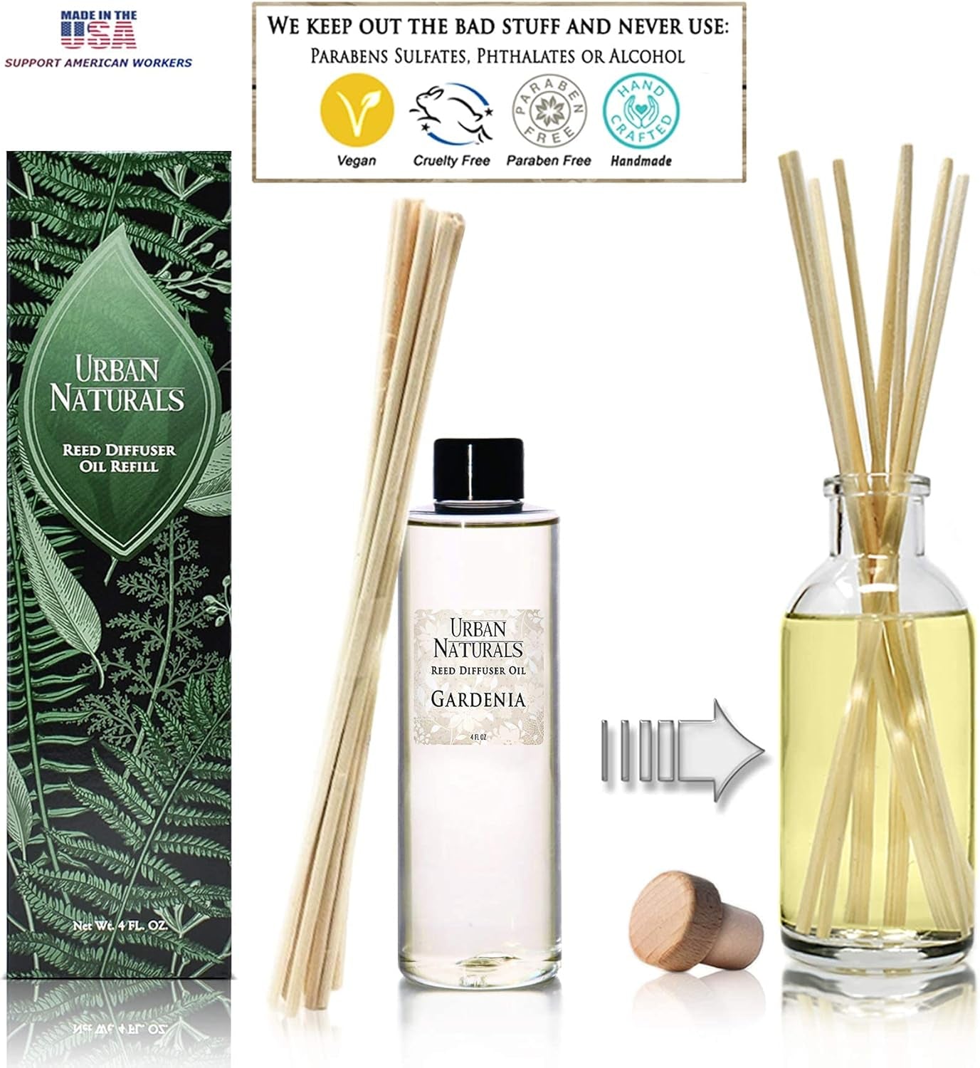 Gardenia Scented Oil Reed Diffuser Refill | Includes a Free Set of Reed Sticks! Jasmine, Ylang Ylang, Tuberose & Amber Notes | 4 Oz