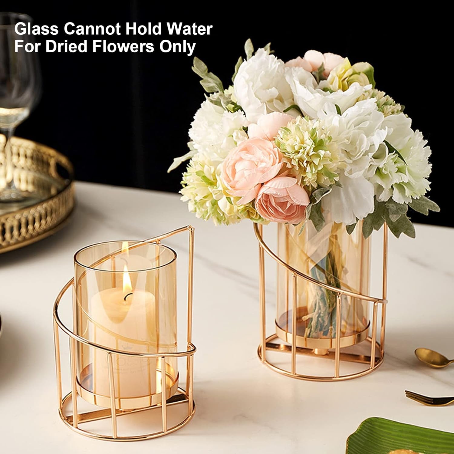 Metal Wire Candle Holder Set of 2, Glass Pillar Candle Holders Gold Decorative Tea Light Candleholders for Home Decor Table Decorations Centerpiece