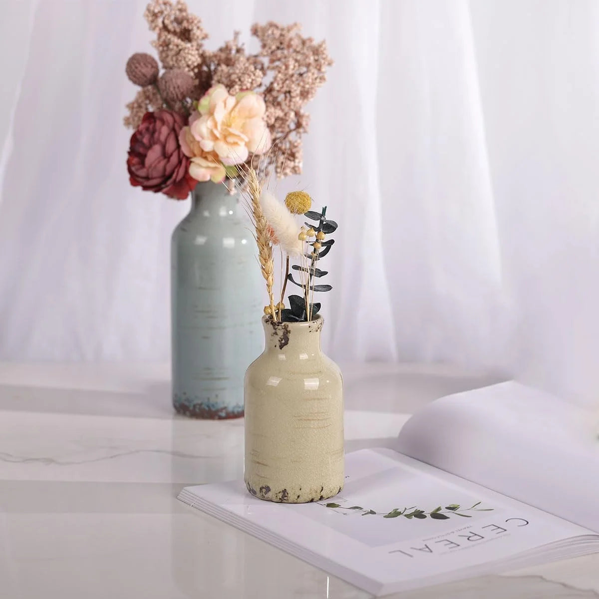 Rural Retro Ceramic Vase 3-Piece Set, Home Decoration Small Vase (Green Grey Blue)