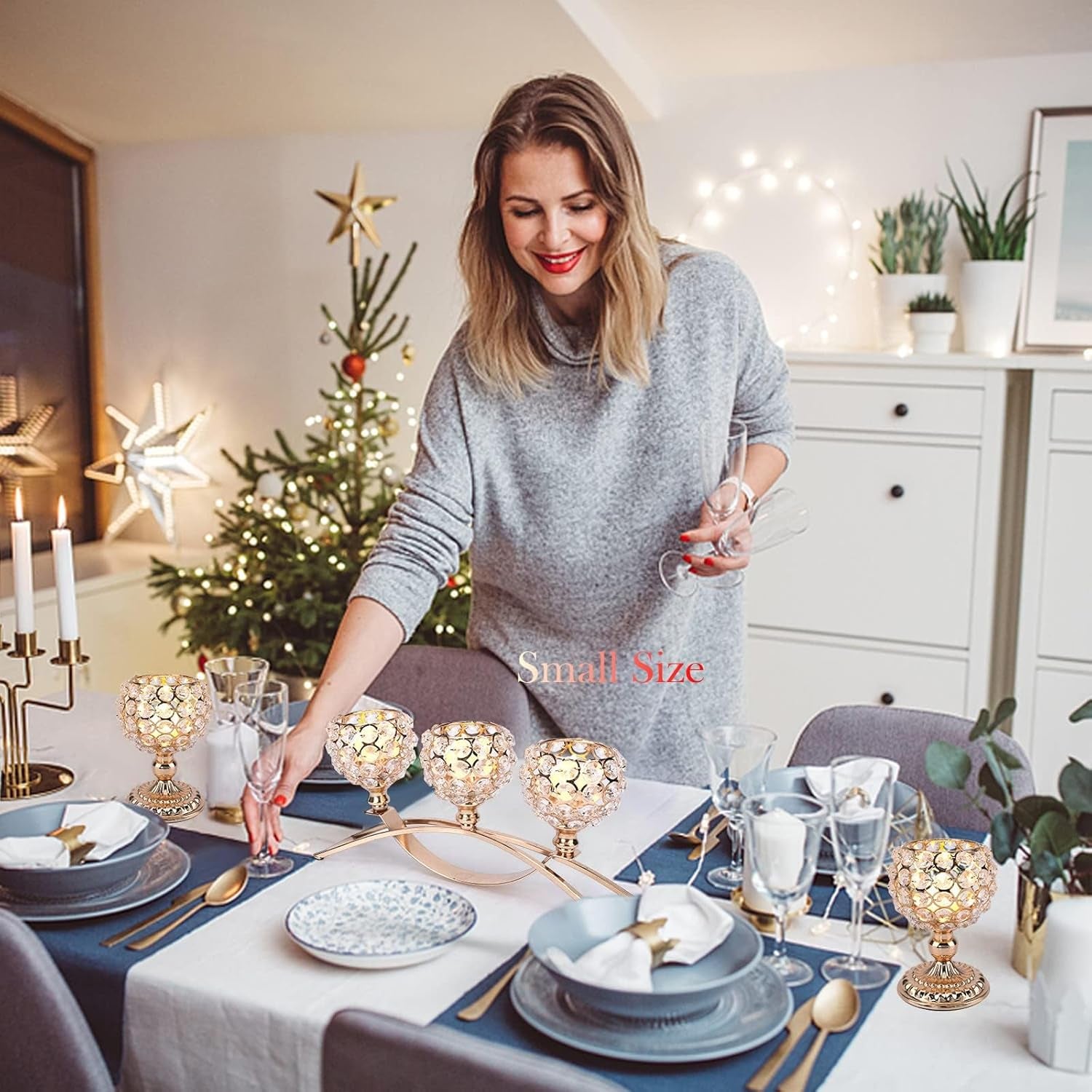 Crystal Candle Holders 3 Wick Gold Centerpiece Table Decorations for Dining Room Living Room Bling Votive Tealight Candle Holder Coffee Dining Table Centerpiece Decor Christmas Decorations