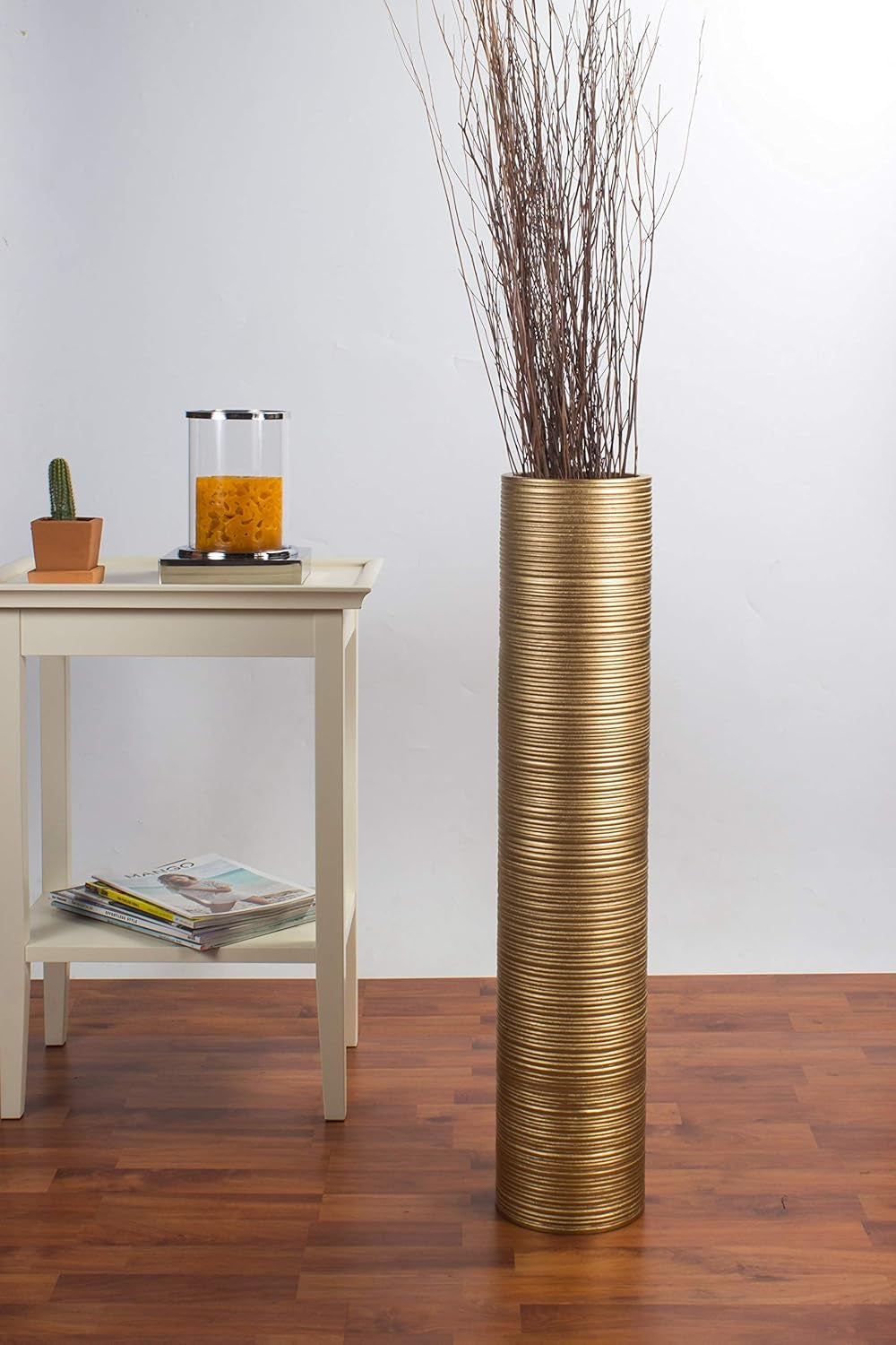Large Gold Home Decor Floor Vase – Wooden 26 Inches Tall Farmhouse Decor Flower Holder for Fake Plant and Pampas Grass
