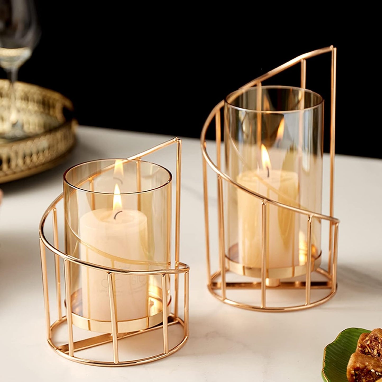 Metal Wire Candle Holder Set of 2, Glass Pillar Candle Holders Gold Decorative Tea Light Candleholders for Home Decor Table Decorations Centerpiece