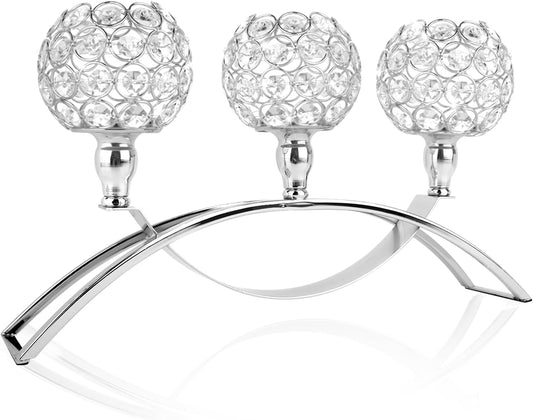 3 Arms Crystal Candle Holders, Silver Candlesticks Holders Centerpieces for Dining Room, Crystal Tea Light Candle Holder for Wedding Centerpieces Table Decorations, Table Centerpiece Stand