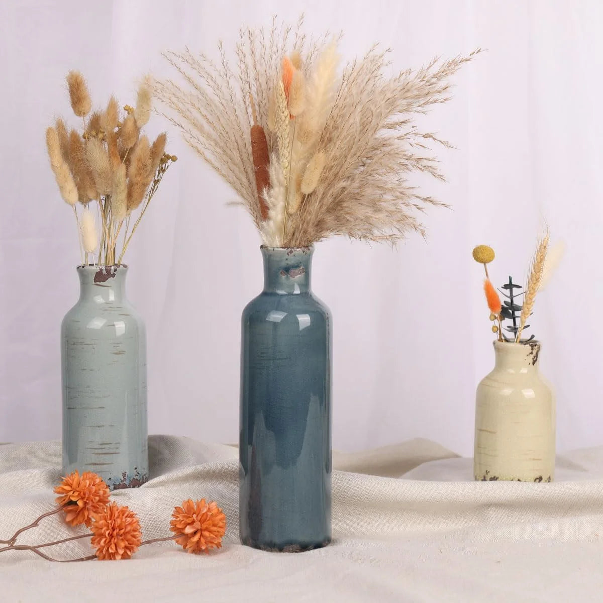 Rural Retro Ceramic Vase 3-Piece Set, Home Decoration Small Vase (Green Grey Blue)